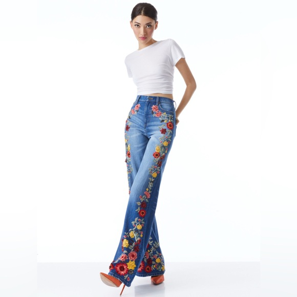 Alice + Olivia Blue Floral Embroidered Flare Jeans - Picture 6 of 15